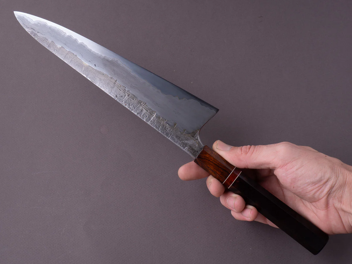 Caublestone Cutlery - In-House Go-Mai - Wrought Iron Kasumi - 26C3 - Gyuto 240mm - Desert Ironwood Handle w/ Amboyna Ferrule & G10 Spacer - Image 11