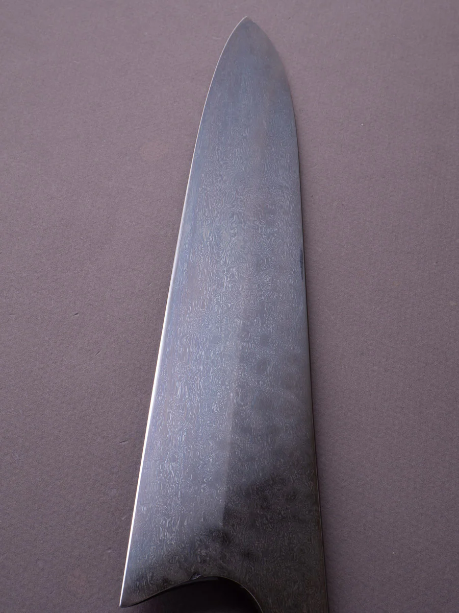 Caublestone Cutlery - In-House Watered Wootz - Stone Polished w/ Forced Patina - Gyuto 240mm - Stabilized Bog Oak Handle w/ Trimascus Spacer - Image 2