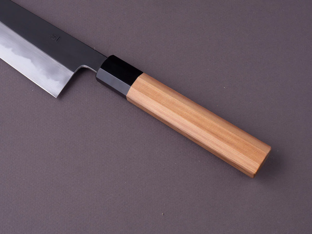 Hitohira - Tanaka x Kyuzo - Blue #1 Kurouchi - 240mm Gyuto - Yakusugi Cedar Handle - Image 6
