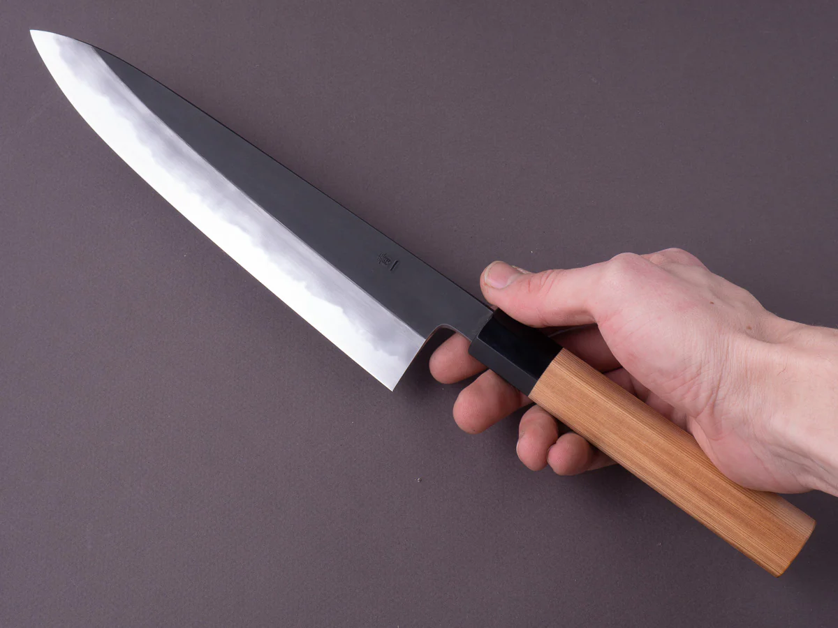 Hitohira - Tanaka x Kyuzo - Blue #1 Kurouchi - 240mm Gyuto - Yakusugi Cedar Handle - Image 7