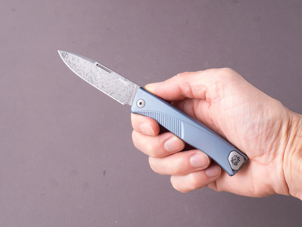 lionSTEEL - SOLID Folding Knife - Thrill - Slip Joint - Chad Nichols Scramble Damascus - 75mm - Blue Titanium - Image 6