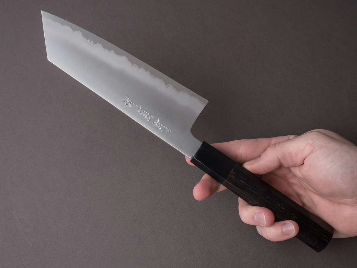 Sakai Kikumori - Yugiri - Tanaka - Stainless Clad Blue #1 - 180mm Bunka - Ebony Handle - Image 7