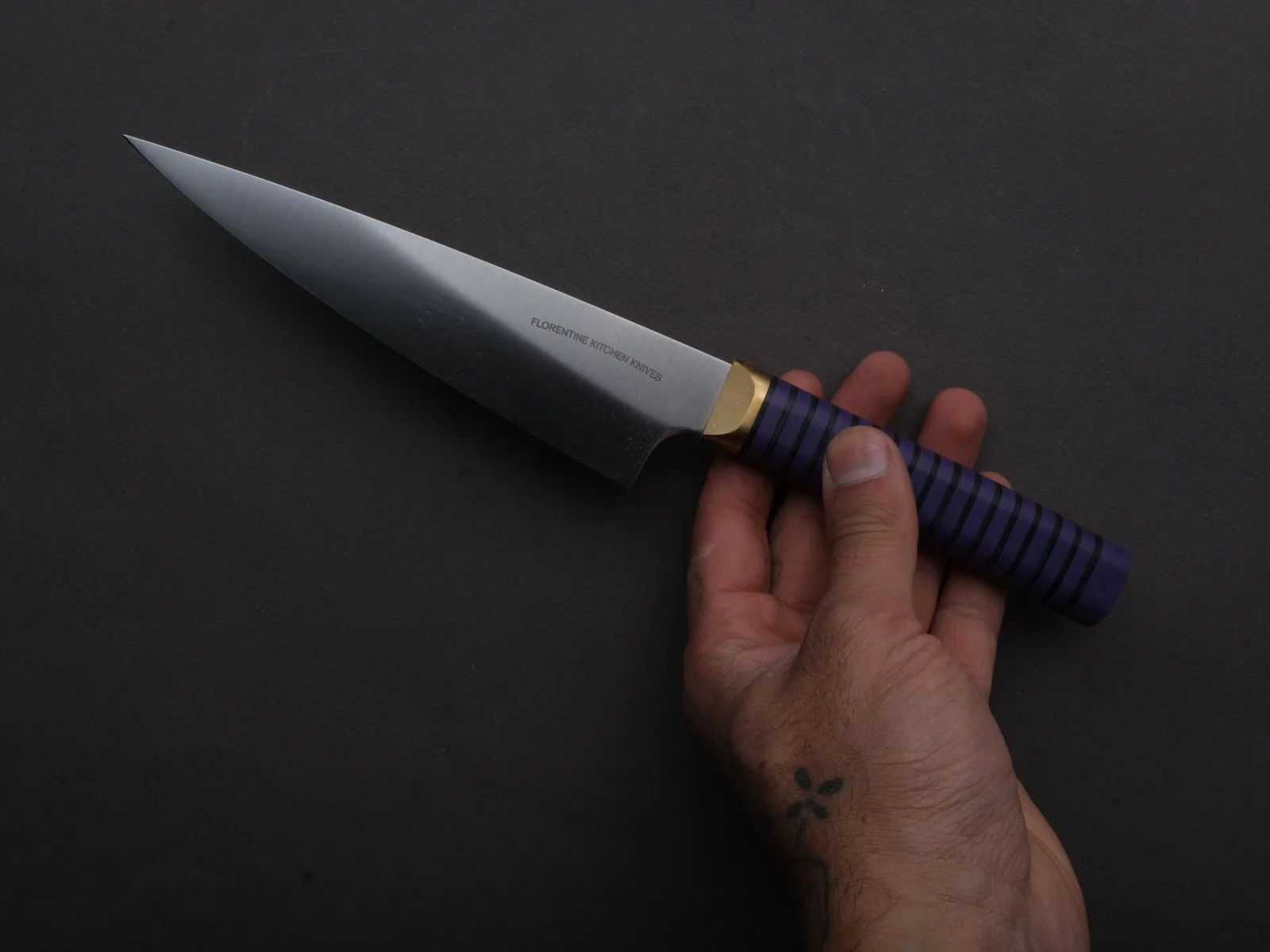 Florentine Kitchen Knives - Stainless - Petty - 155mm - Stacked Purple Composite and Black Leather Handle - Image 5