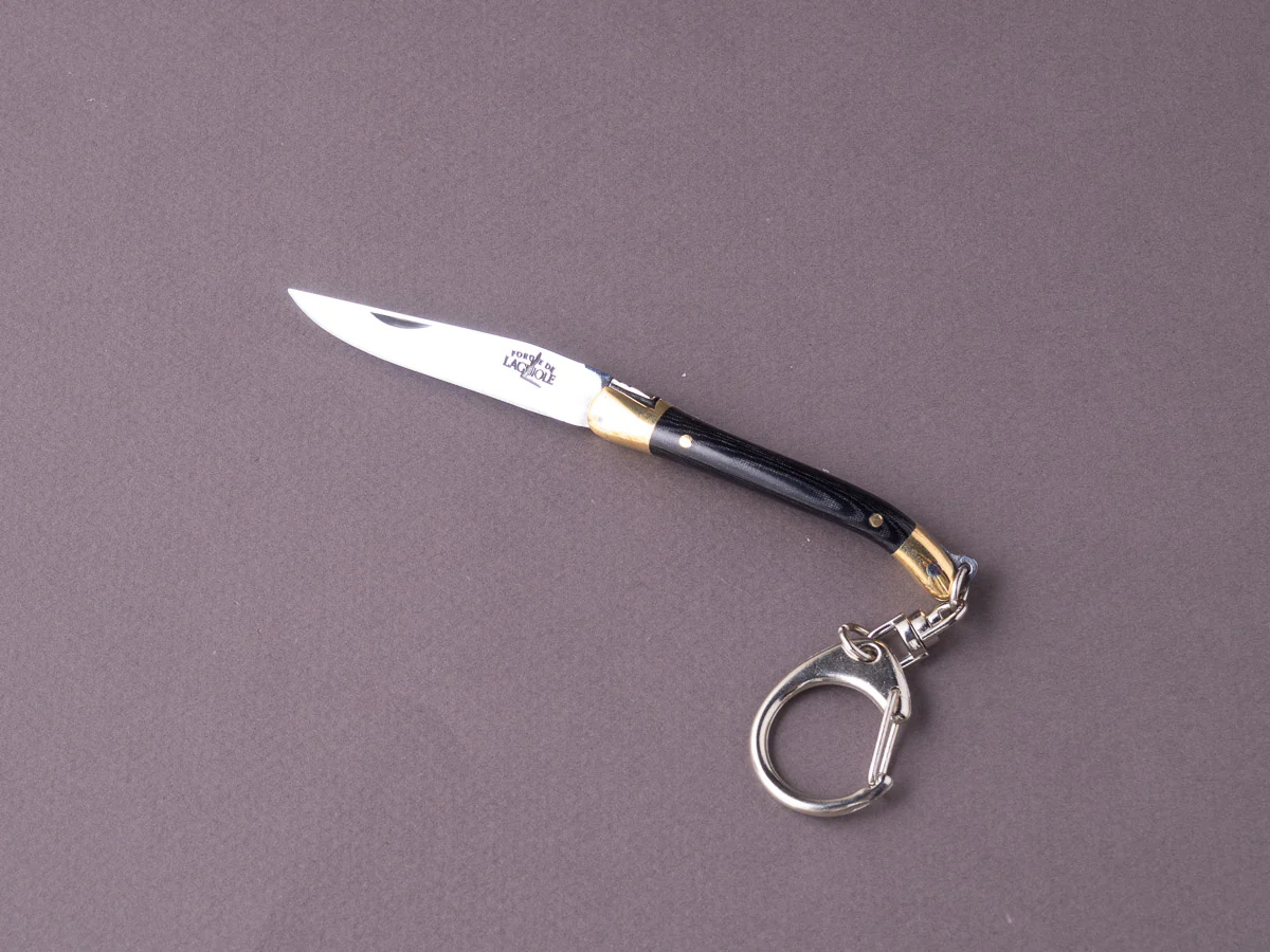 Forge de Laguiole - 70mm Folding Knife - Spring Lock - Black Micarta & Brass Handle - Keychain Ring