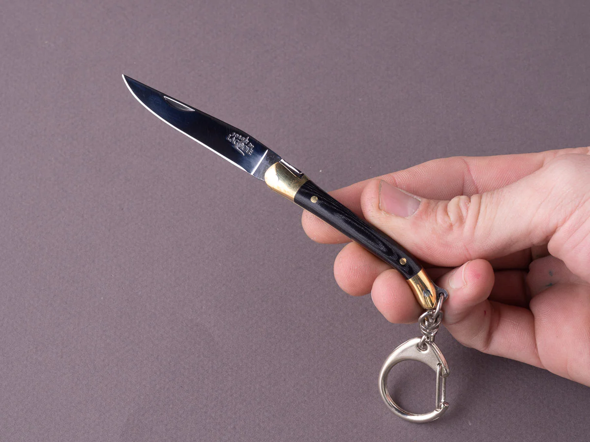 Forge de Laguiole - 70mm Folding Knife - Spring Lock - Black Micarta & Brass Handle - Keychain Ring - Image 2