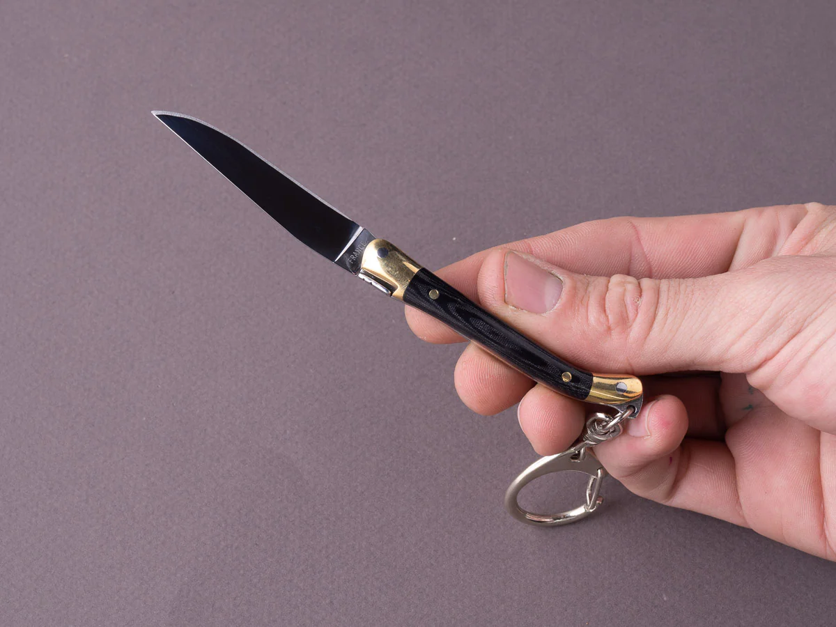 Forge de Laguiole - 70mm Folding Knife - Spring Lock - Black Micarta & Brass Handle - Keychain Ring - Image 3
