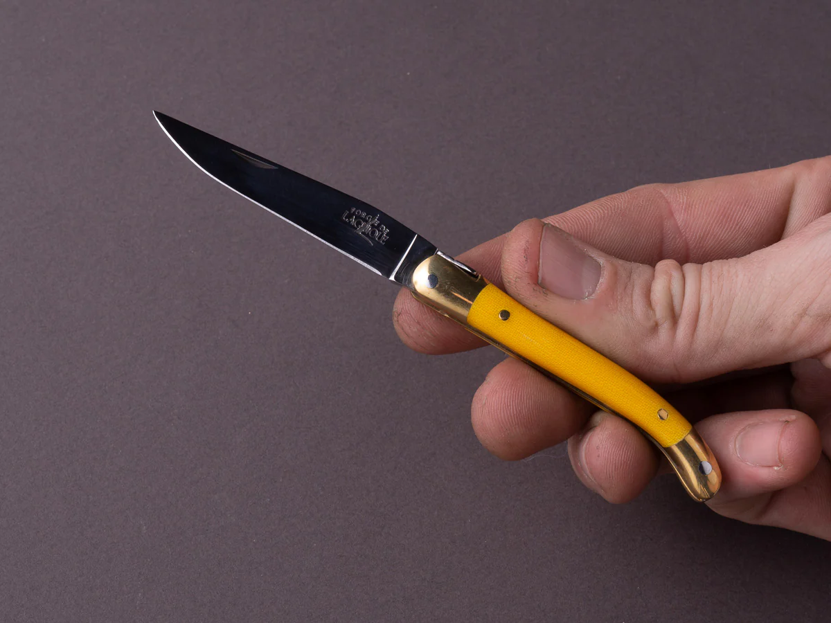 Forge de Laguiole - 70mm Folding Knife - Spring Lock - Yellow Micarta & Brass Handle - Image 3