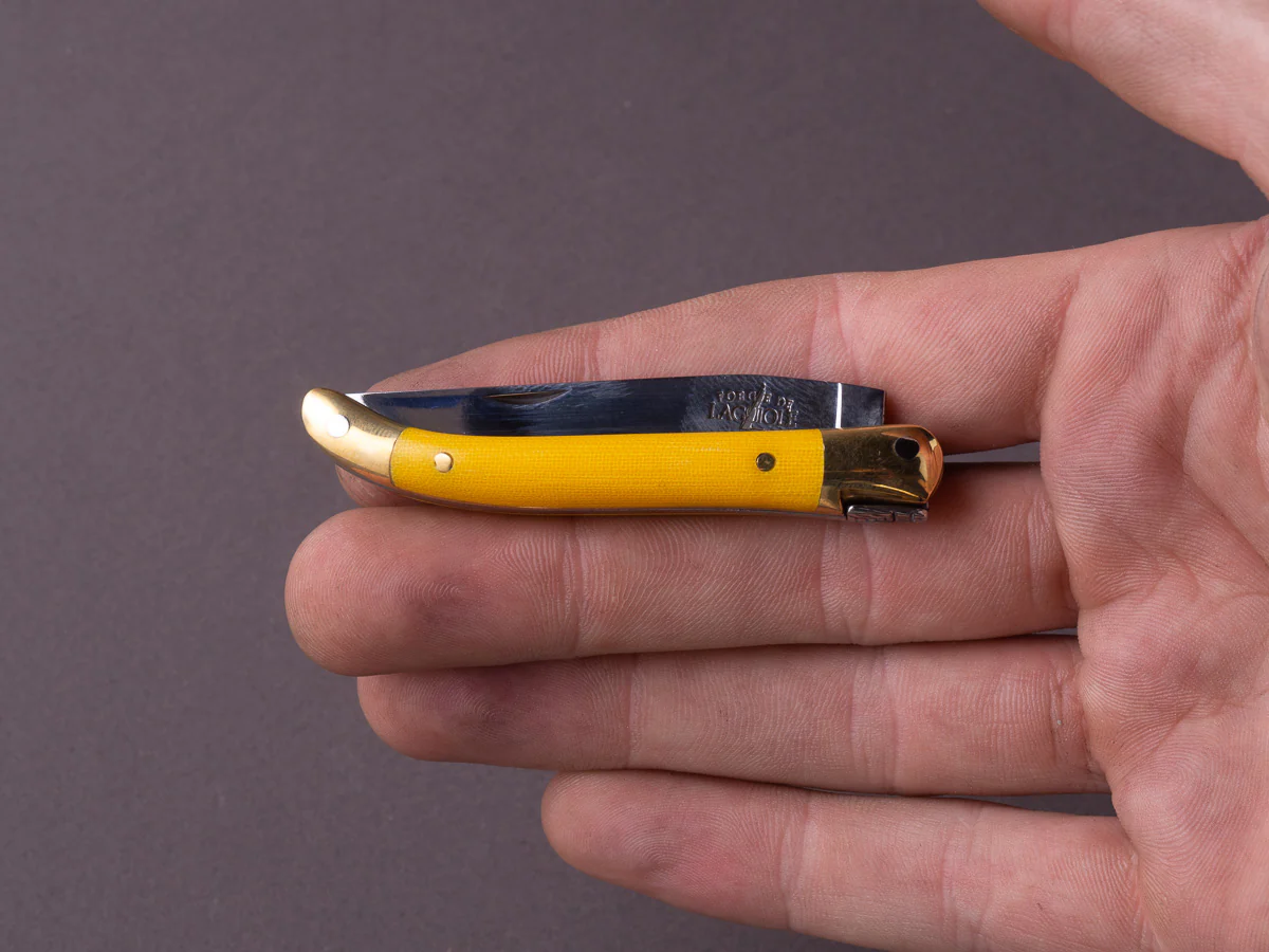 Forge de Laguiole - 70mm Folding Knife - Spring Lock - Yellow Micarta & Brass Handle - Image 6