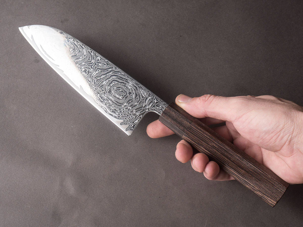 Hitohira - Futana - Nickel Damascus - 170mm Santoku - Tagayasan Handle - Image 7