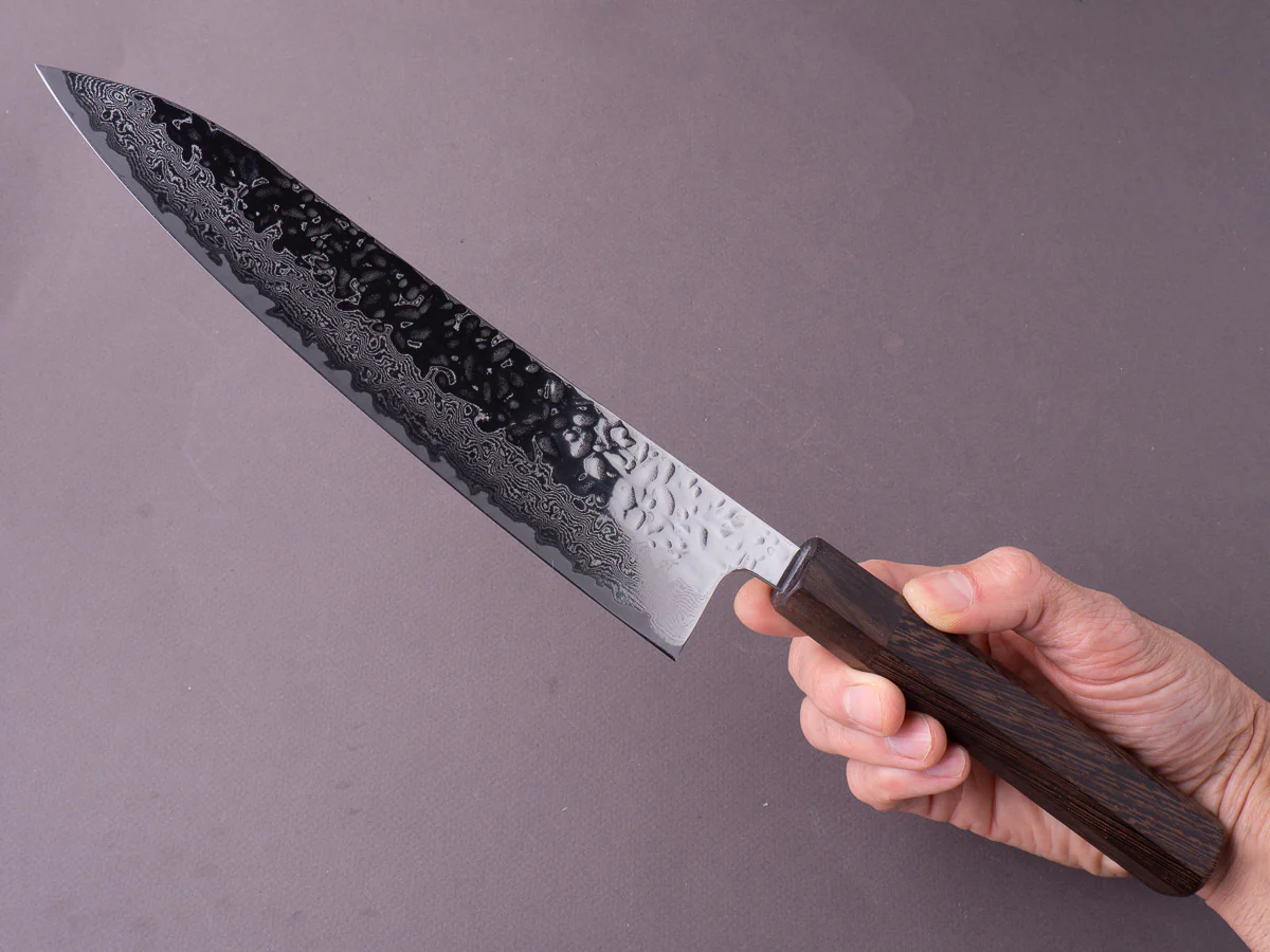 Hitohira - Futana - Stainless - Polished Tsuchime Damascus - 210mm Gyuto - Tagayasan Handle - Image 6