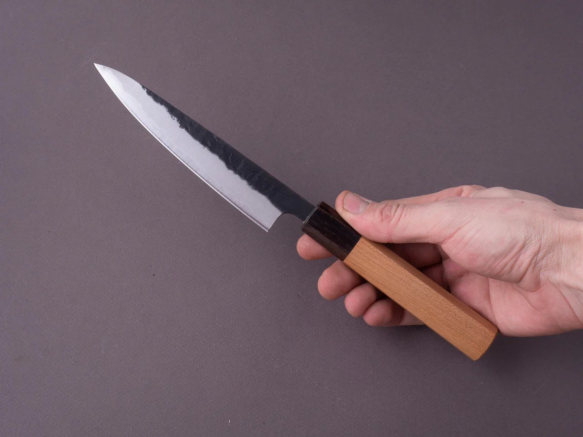 Hitohira - Futana - Stainless Clad Super Blue - Kurouchi Nashiji - 135mm Petty - Cherry Handle - Image 7
