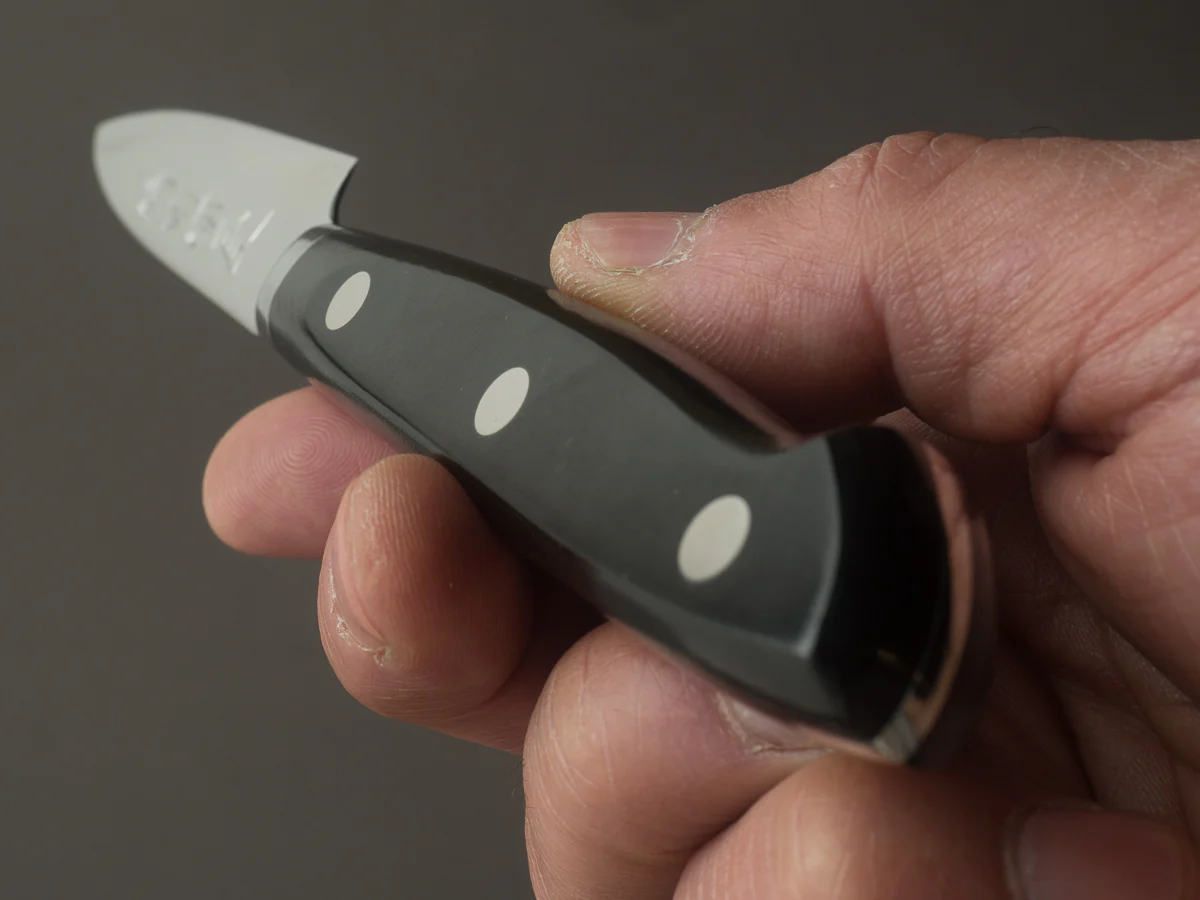 Hitohira - Imojiya TH - VG10 - Damascus - Paring - 80mm - Linen Micarta Western Handle - Image 9