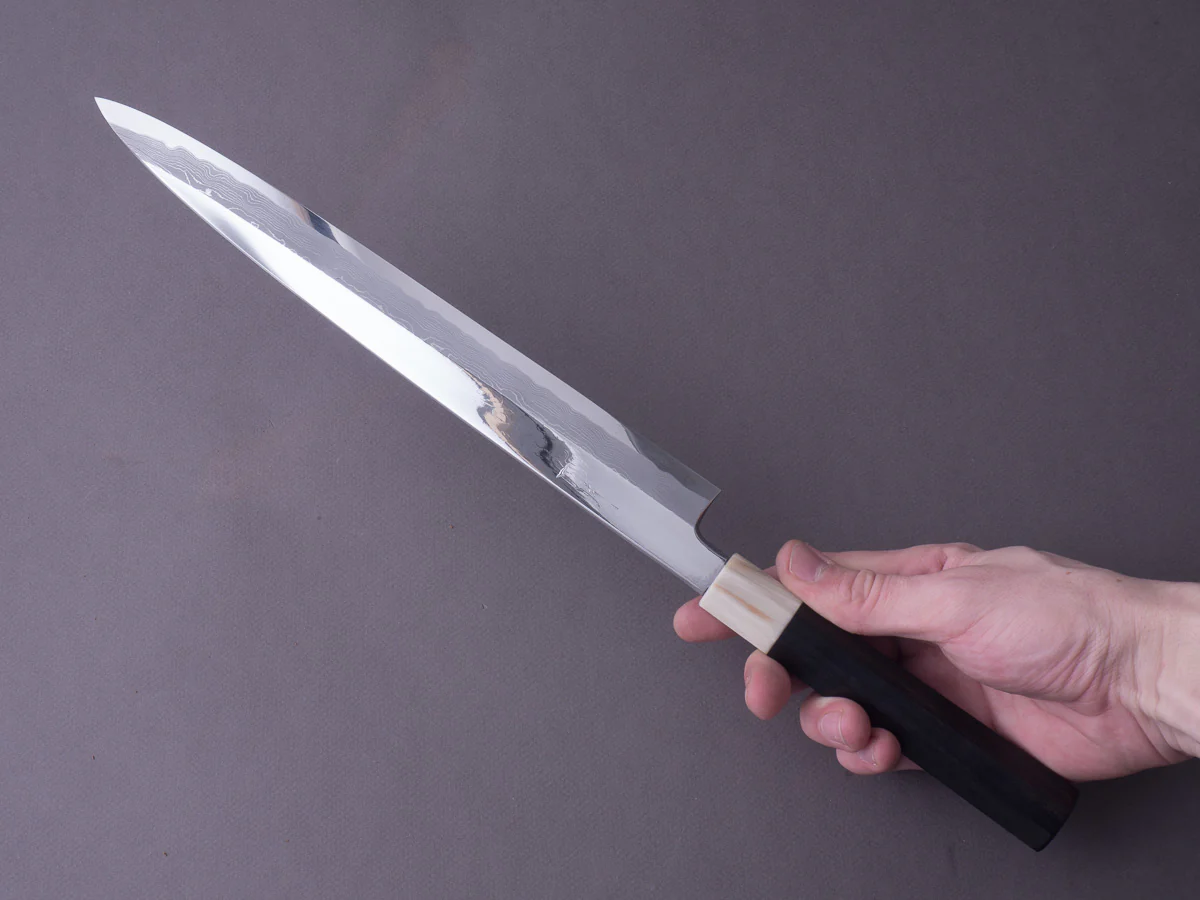 Hitohira - Kikuchiyo x Mosuke - White #1 Enmon Damascus - 300mm Yanagiba - Ebony Handle - Mirror Polished - Saya - Image 11