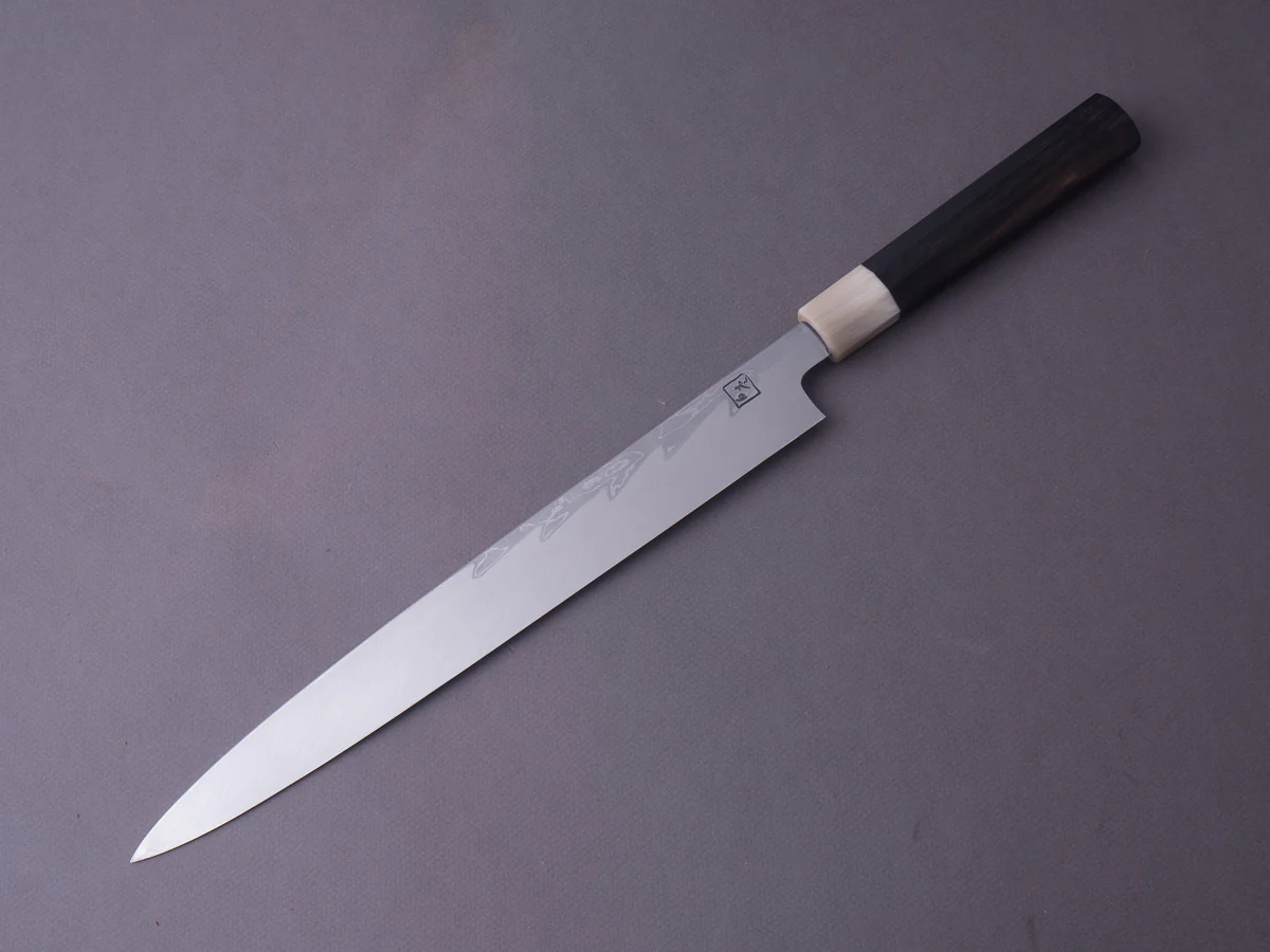 Hitohira - Kikuchiyo x Mosuke - White #1 Enmon Damascus - 300mm Yanagiba - Ebony Handle - Mirror Polished - Saya - Image 3