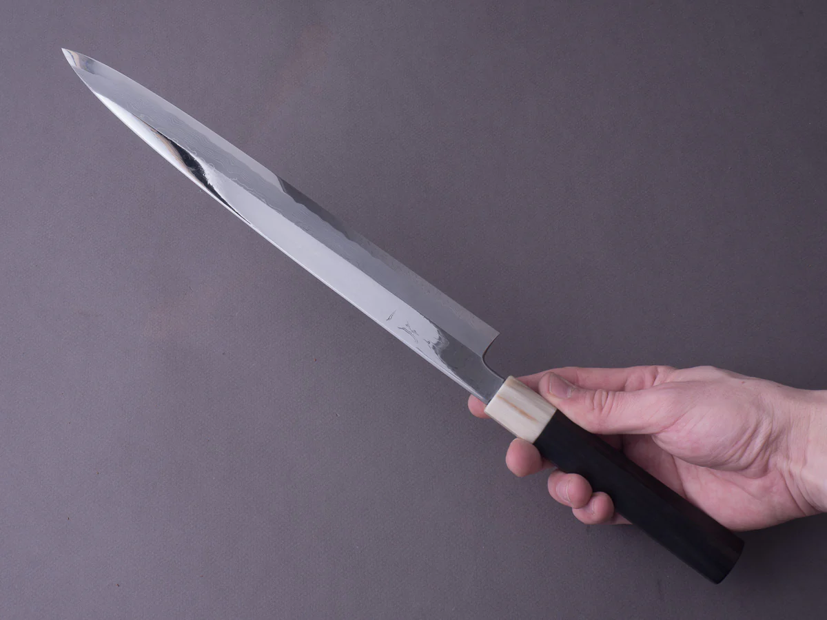 Hitohira - Kikuchiyo x Mosuke - White #1 Enmon Damascus - 300mm Yanagiba - Ebony Handle - Mirror Polished - Saya - Image 5
