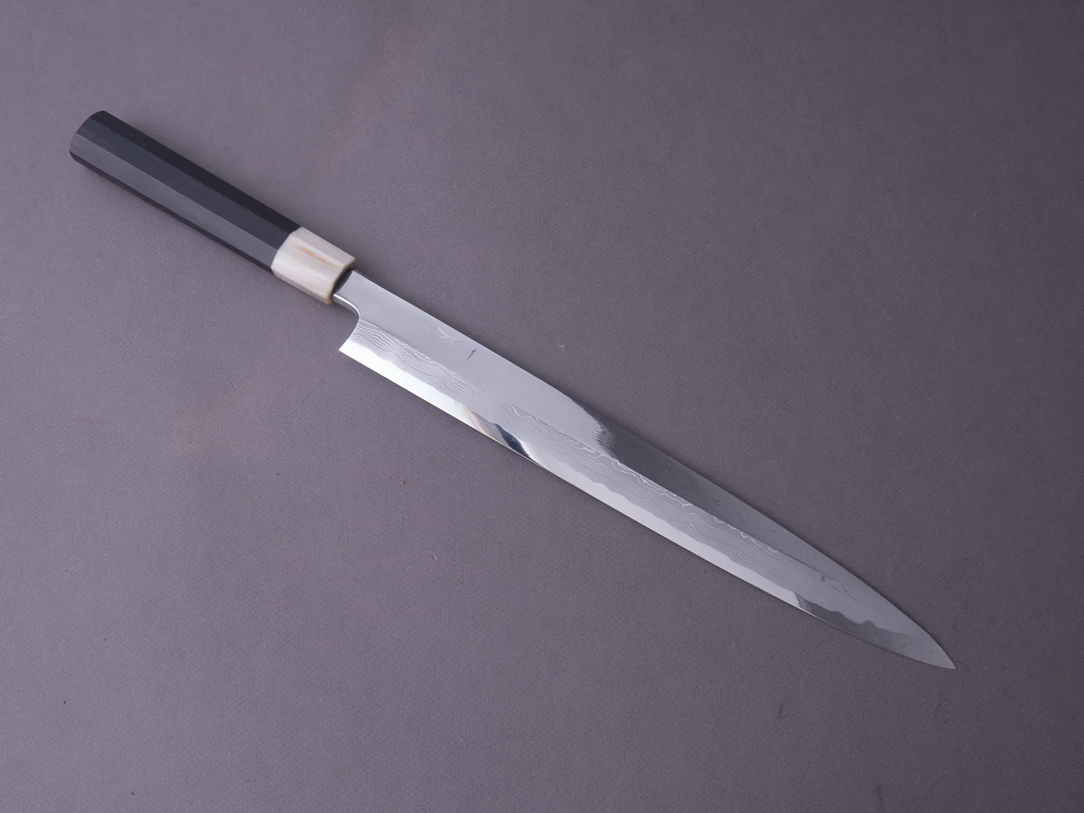Hitohira - Kikuchiyo x Mosuke - White #1 Enmon Damascus - 300mm Yanagiba - Ebony Handle - Mirror Polished - Saya - Image 6