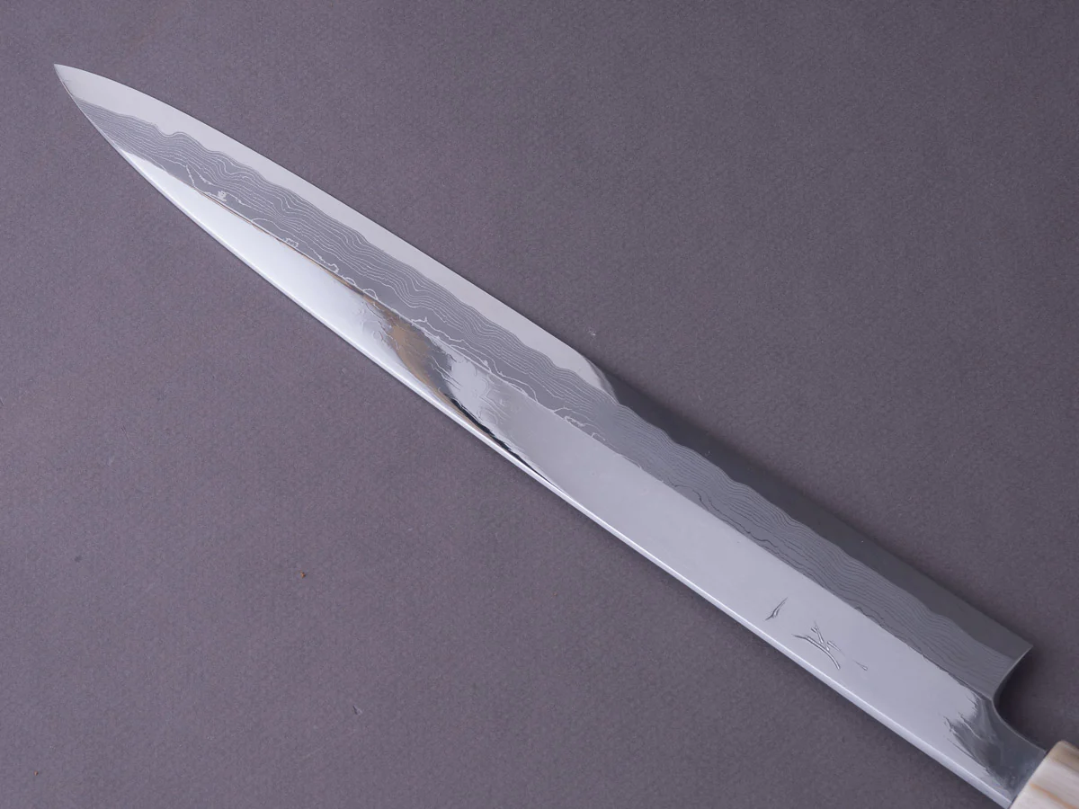 Hitohira - Kikuchiyo x Mosuke - White #1 Enmon Damascus - 300mm Yanagiba - Ebony Handle - Mirror Polished - Saya - Image 7