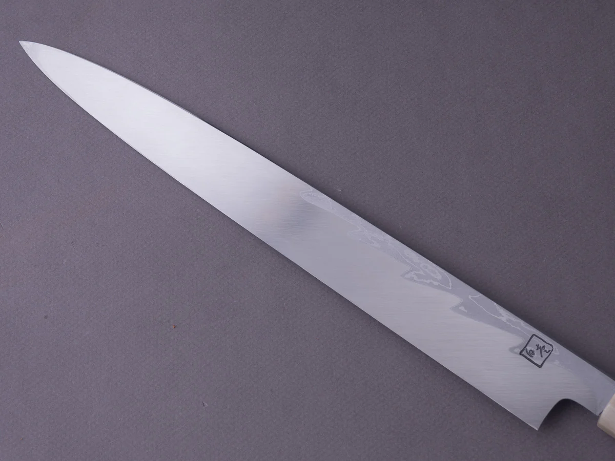 Hitohira - Kikuchiyo x Mosuke - White #1 Enmon Damascus - 300mm Yanagiba - Ebony Handle - Mirror Polished - Saya - Image 8