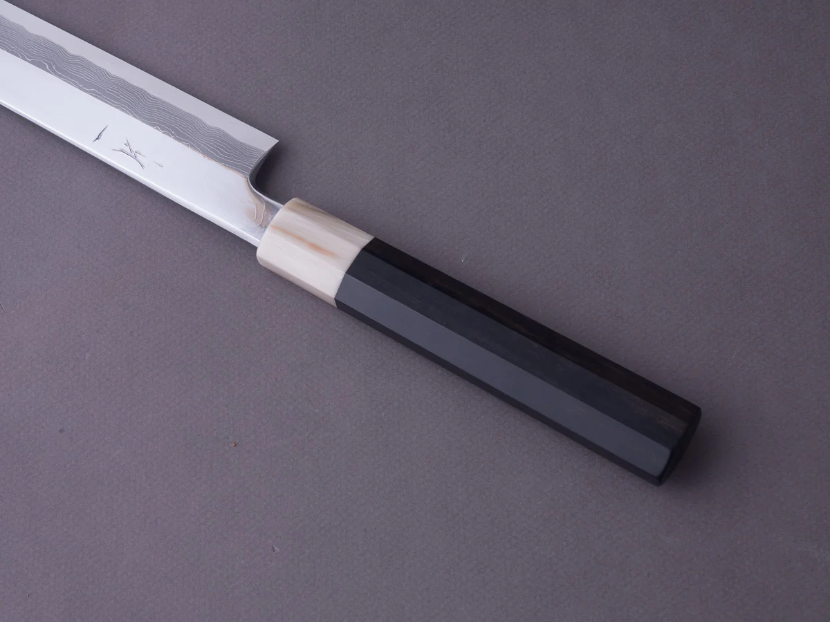 Hitohira - Kikuchiyo x Mosuke - White #1 Enmon Damascus - 300mm Yanagiba - Ebony Handle - Mirror Polished - Saya - Image 9