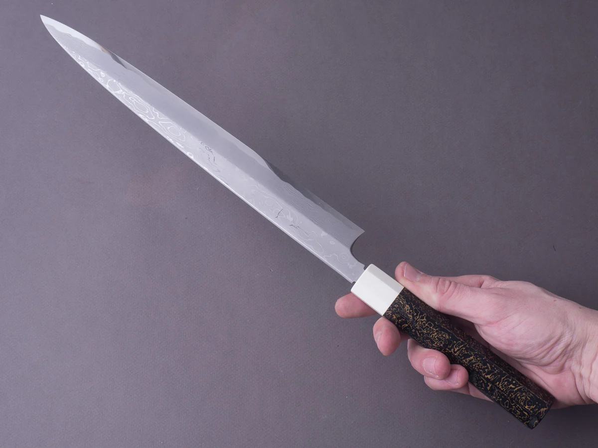 Hitohira - Kikuchiyo x Mosuke - White #1 Enmon Damascus - 300mm Yanagiba - Lacquered Handle - Image 9