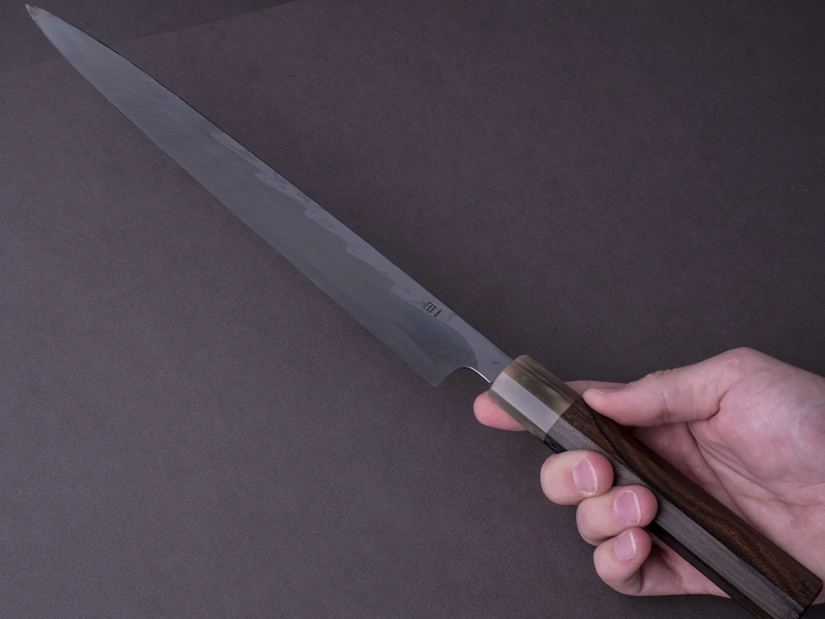 Hitohira - Kikuchiyo x Mosuke - White #1 Enmon Damascus - 300mm Yanagiba - Ziricote Handle - Mirror Polished - Saya - Image 6