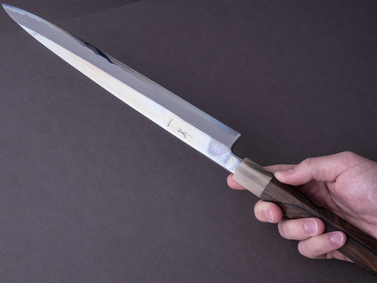 Hitohira - Kikuchiyo x Mosuke - White #1 Enmon Damascus - 300mm Yanagiba - Ziricote Handle - Mirror Polished - Saya - Image 8