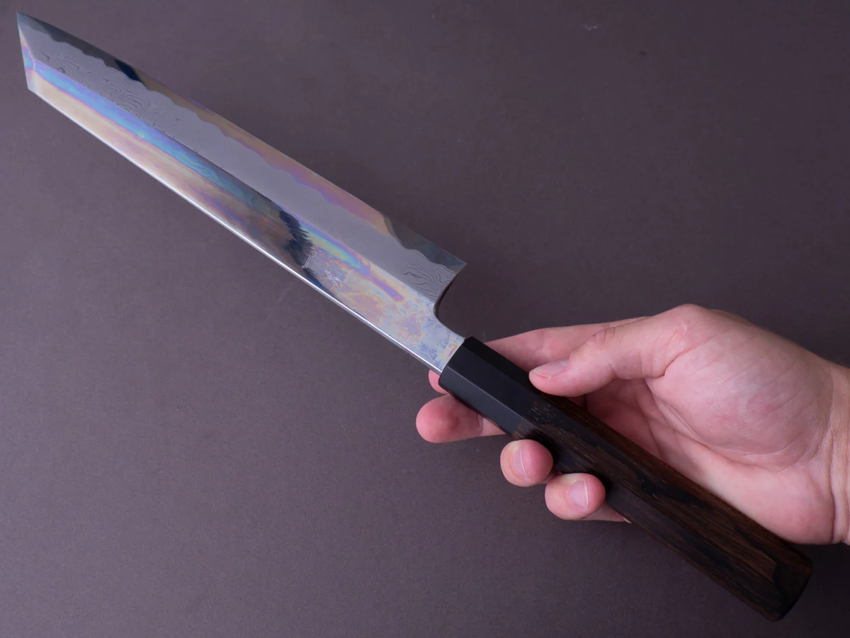 Hitohira - Kikuchiyo x Mosuke - Enmon - White #1 Damascus - Mirror Polished - 270mm Kiritsuke - Ziricote Handle - Image 12