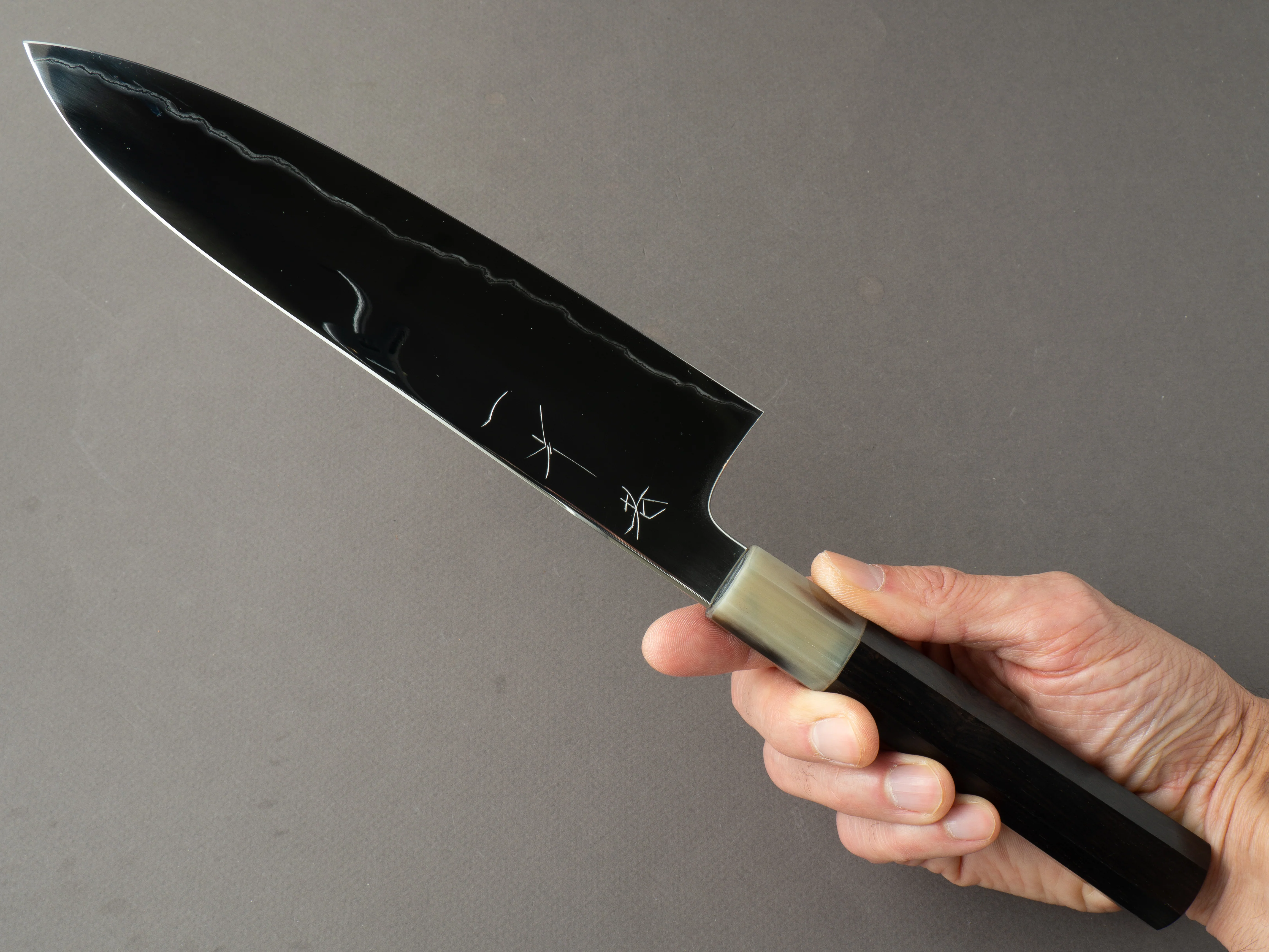 Hitohira - Kikuchiyo x Rou - Silver #3 - Fully Mirror Polished - 210mm Gyuto - Ebony Handle - Image 7