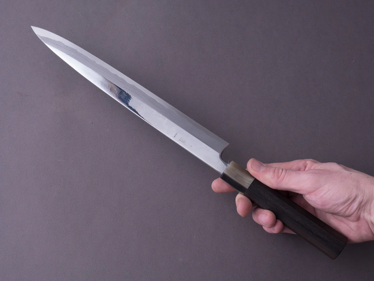 Hitohira - Tanaka - Damascus Blue #1 - 270mm Yanagiba - Ebony Handle - Saya - Mirror Polished - Image 11