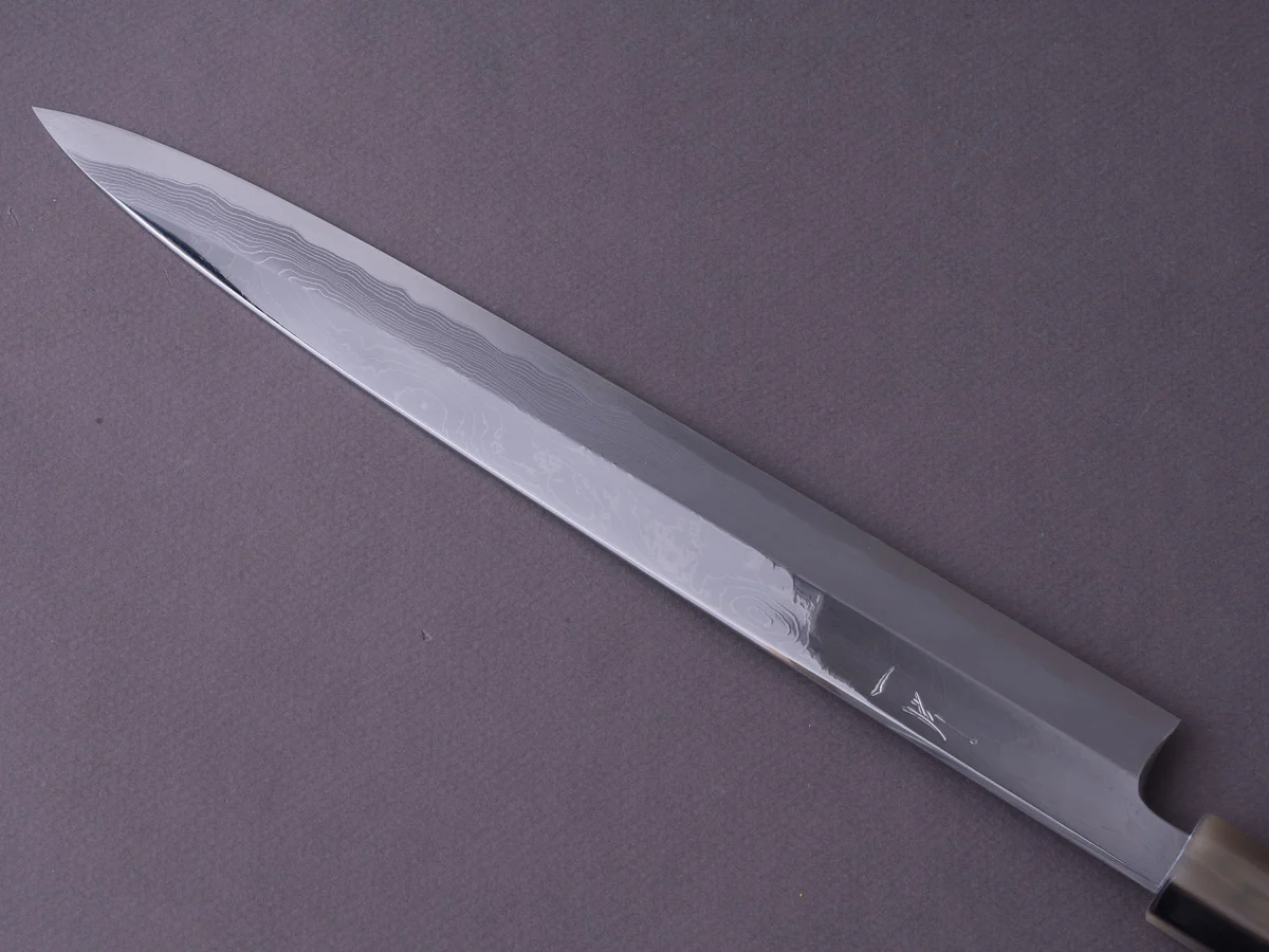 Hitohira - Tanaka - Damascus Blue #1 - 270mm Yanagiba - Ebony Handle - Saya - Mirror Polished - Image 7