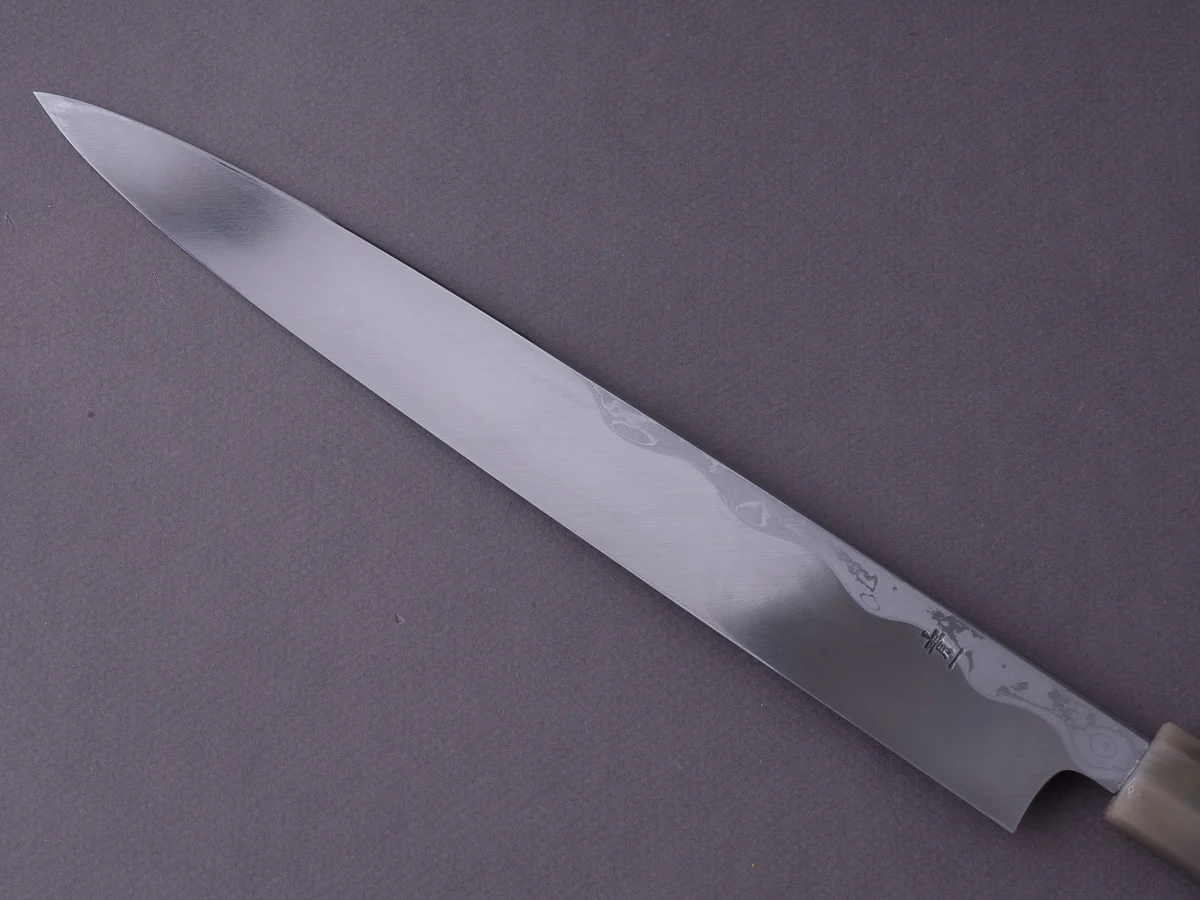 Hitohira - Tanaka - Damascus Blue #1 - 270mm Yanagiba - Ebony Handle - Saya - Mirror Polished - Image 8