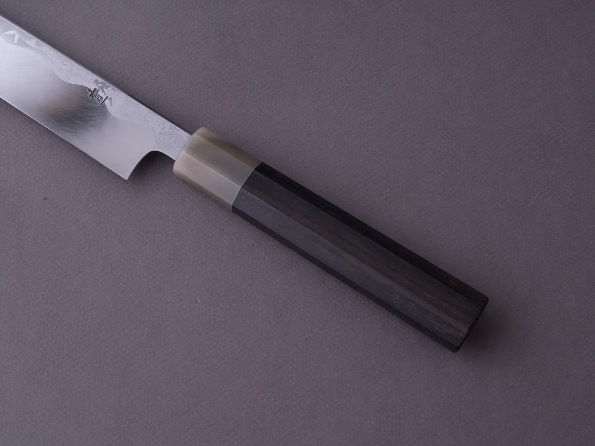 Hitohira - Tanaka - Damascus Blue #1 - 270mm Yanagiba - Ebony Handle - Saya - Mirror Polished - Image 9