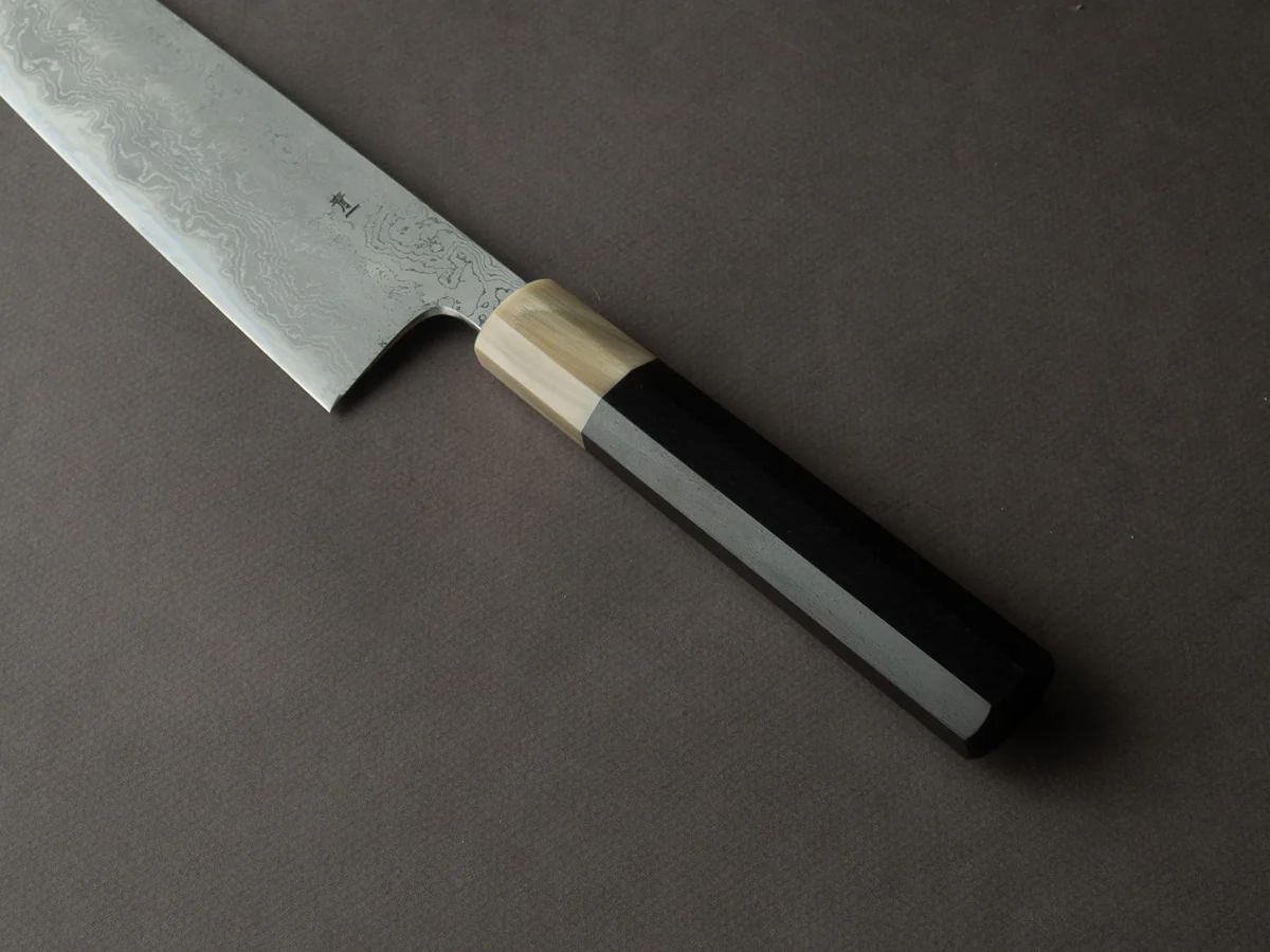 Hitohira - Tanaka x Kyuzo - Blue #1 - Damascus - 270mm Gyuto - Taihei Ebony Handle - Image 4