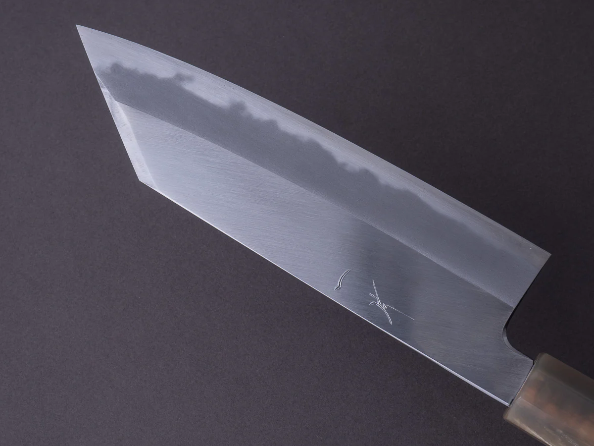 Hitohira - Tanaka x Kyuzo - Blue #1 - Migaki - 180mm Bunka - Persimmon Handle - Image 3