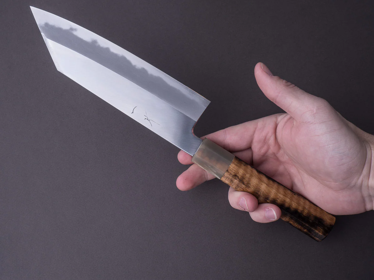 Hitohira - Tanaka x Kyuzo - Blue #1 - Migaki - 180mm Bunka - Persimmon Handle - Image 7