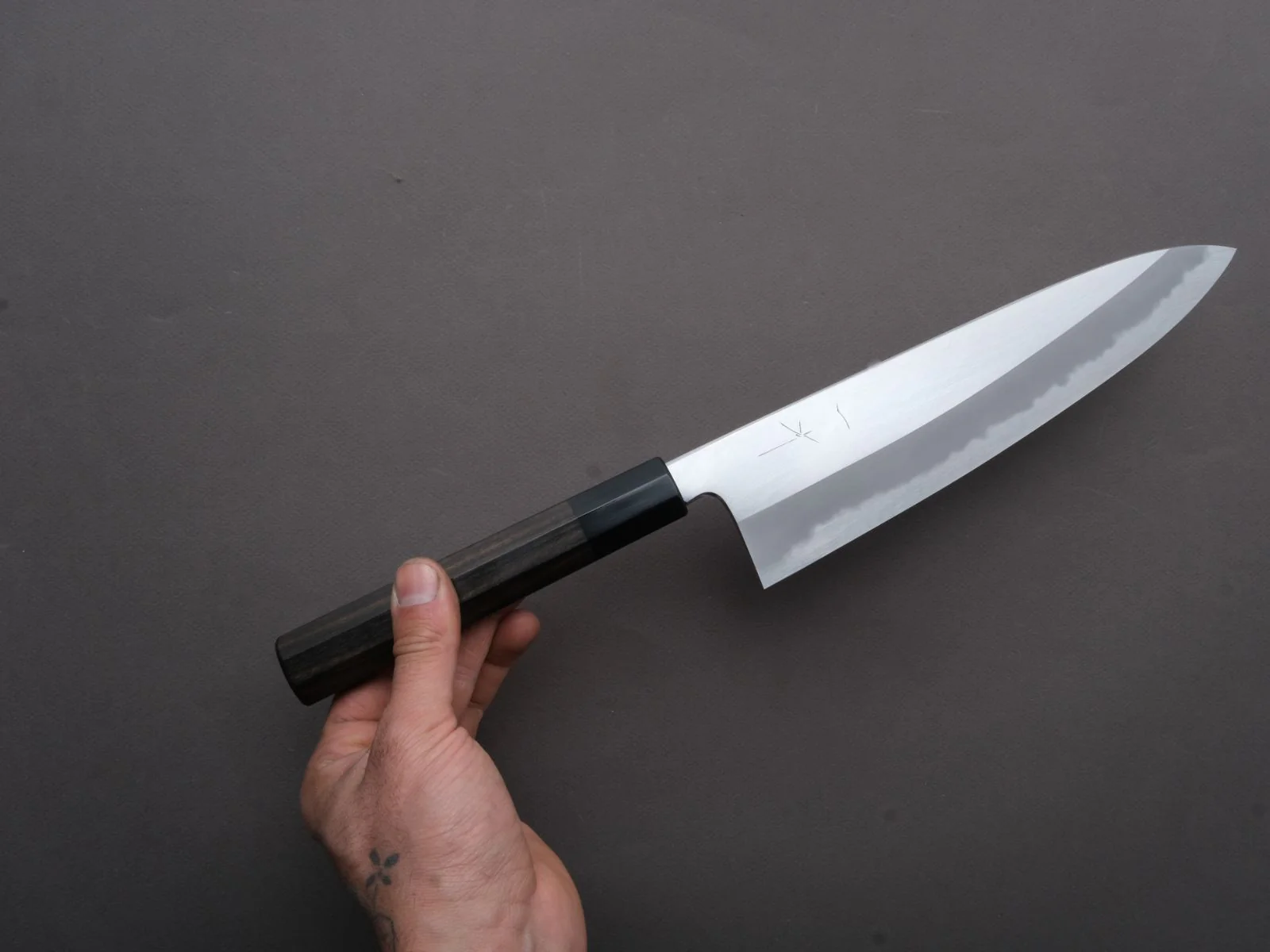 Hitohira - Tanaka x Kyuzo - Blue #1 - Migaki - Gyuto - 240mm - Taihei Ebony Handle (Extra Height) - Image 3