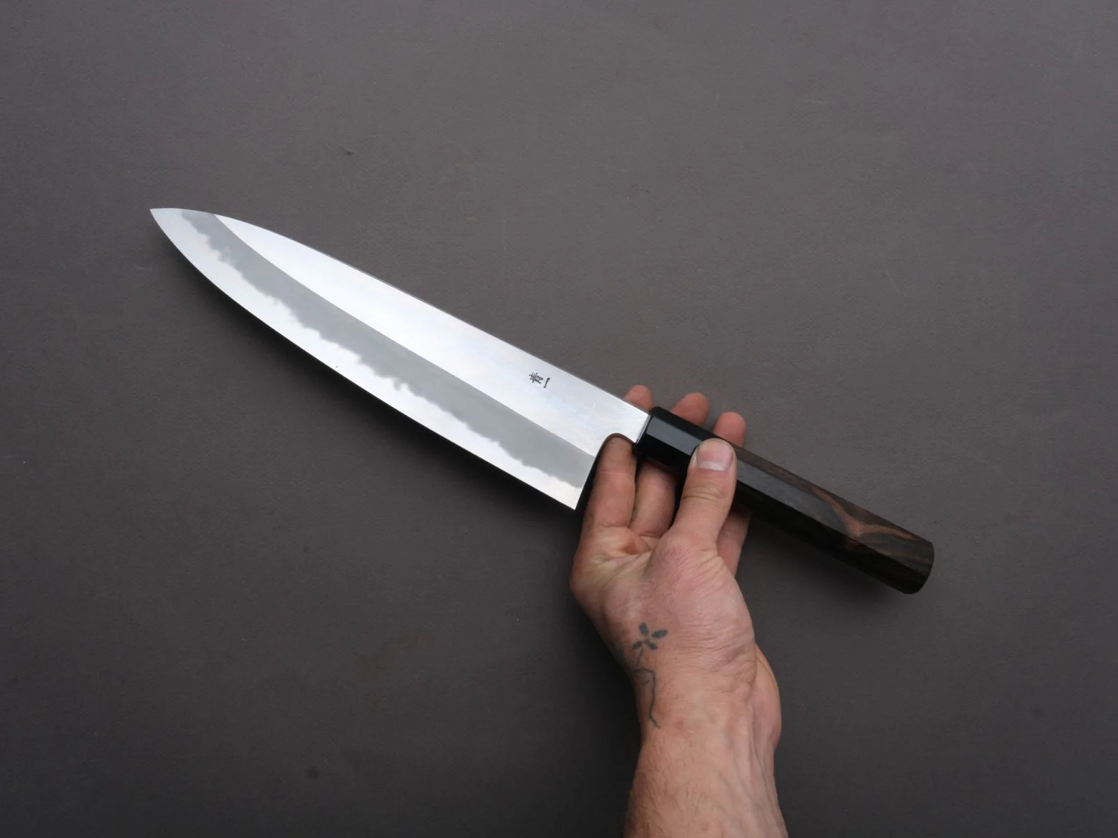 Hitohira - Tanaka x Kyuzo - Blue #1 - Migaki - Gyuto - 240mm - Taihei Ebony Handle (Extra Height) - Image 4