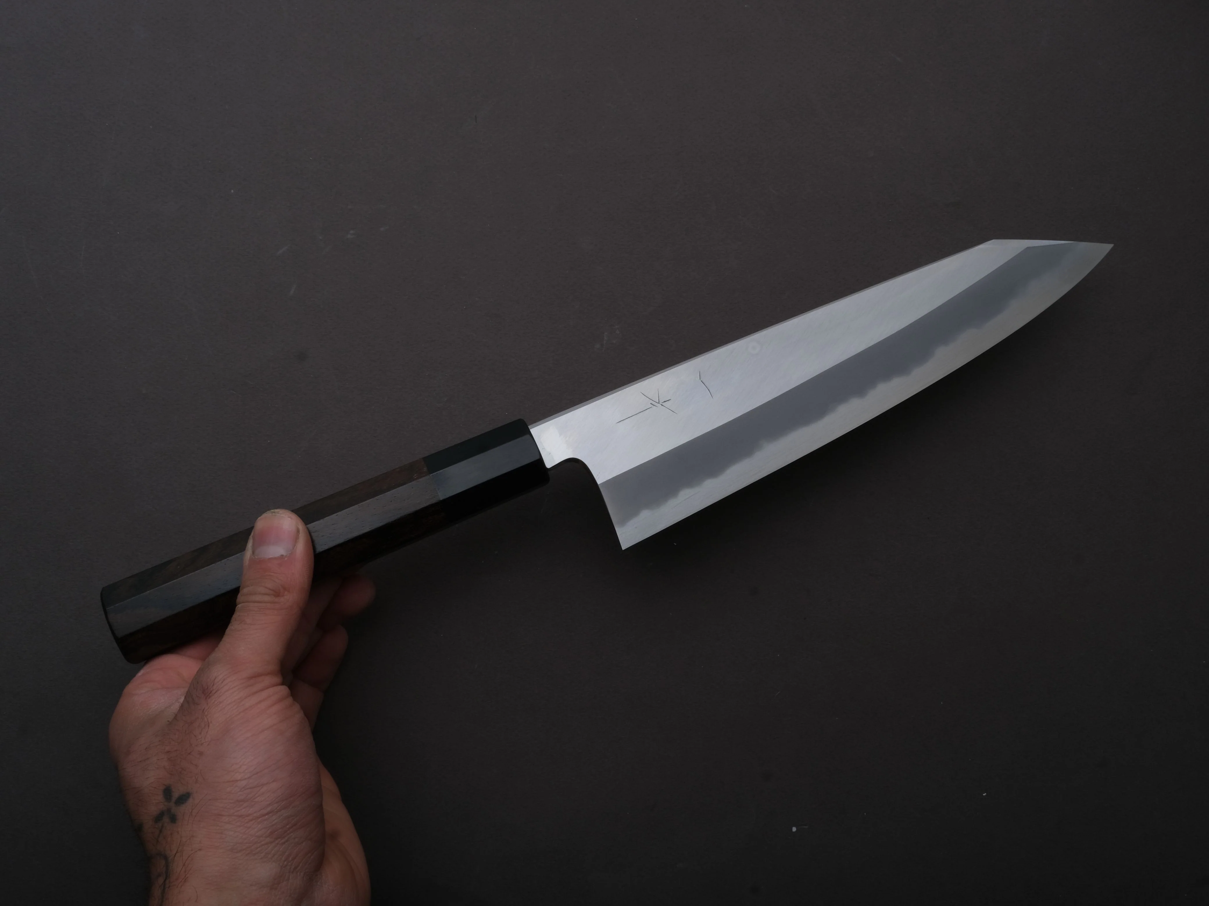 Hitohira - Tanaka x Kyuzo - Blue #1 - Migaki - Kiritsuke Gyuto - 230mm - Ziricote Handle (Extra Height) - Image 4