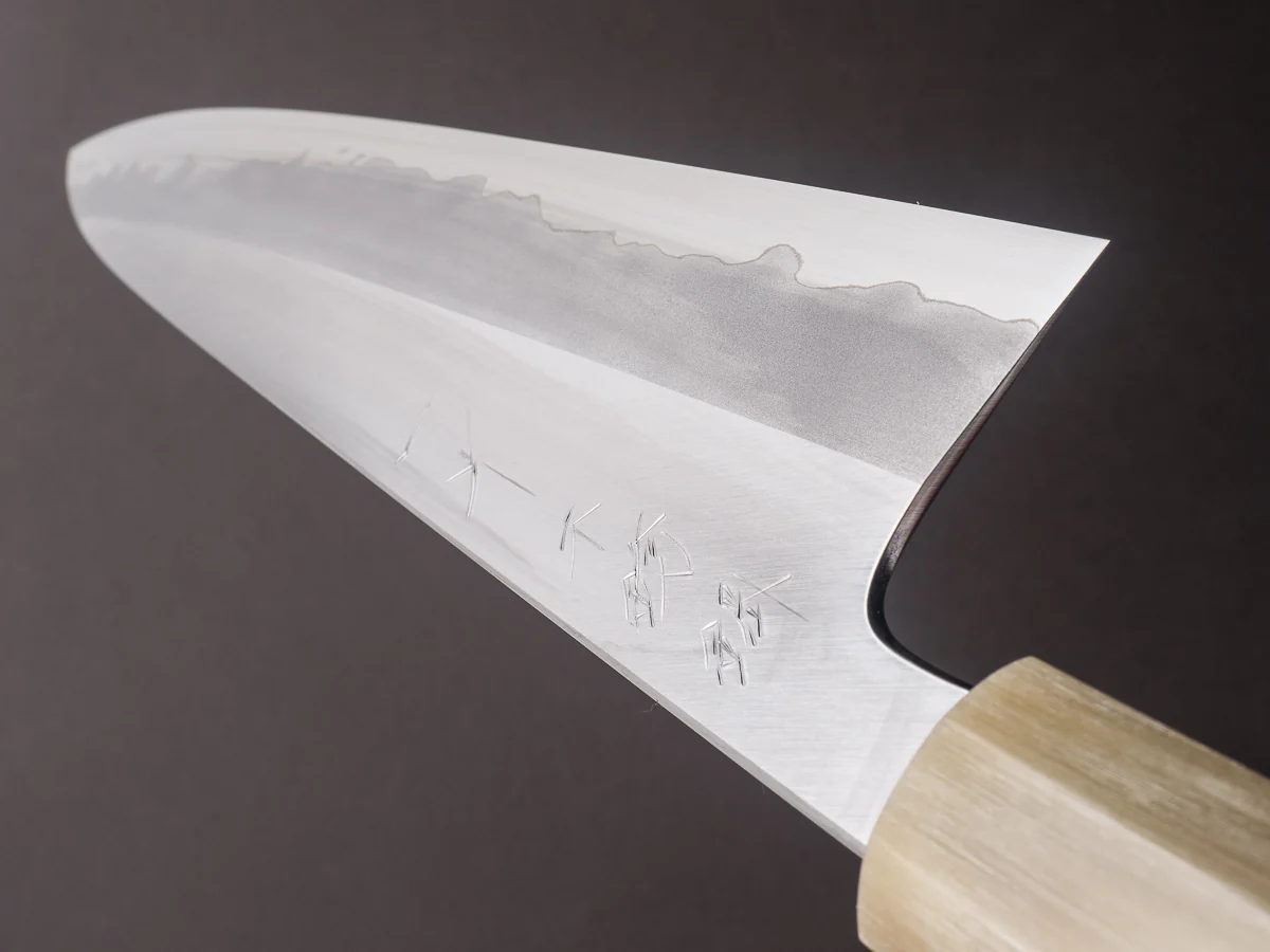 Hitohira - Tanaka x Kyuzo -  Blue #1 - Stainless Clad - 240mm Gyuto - Ziricote Handle - Image 11