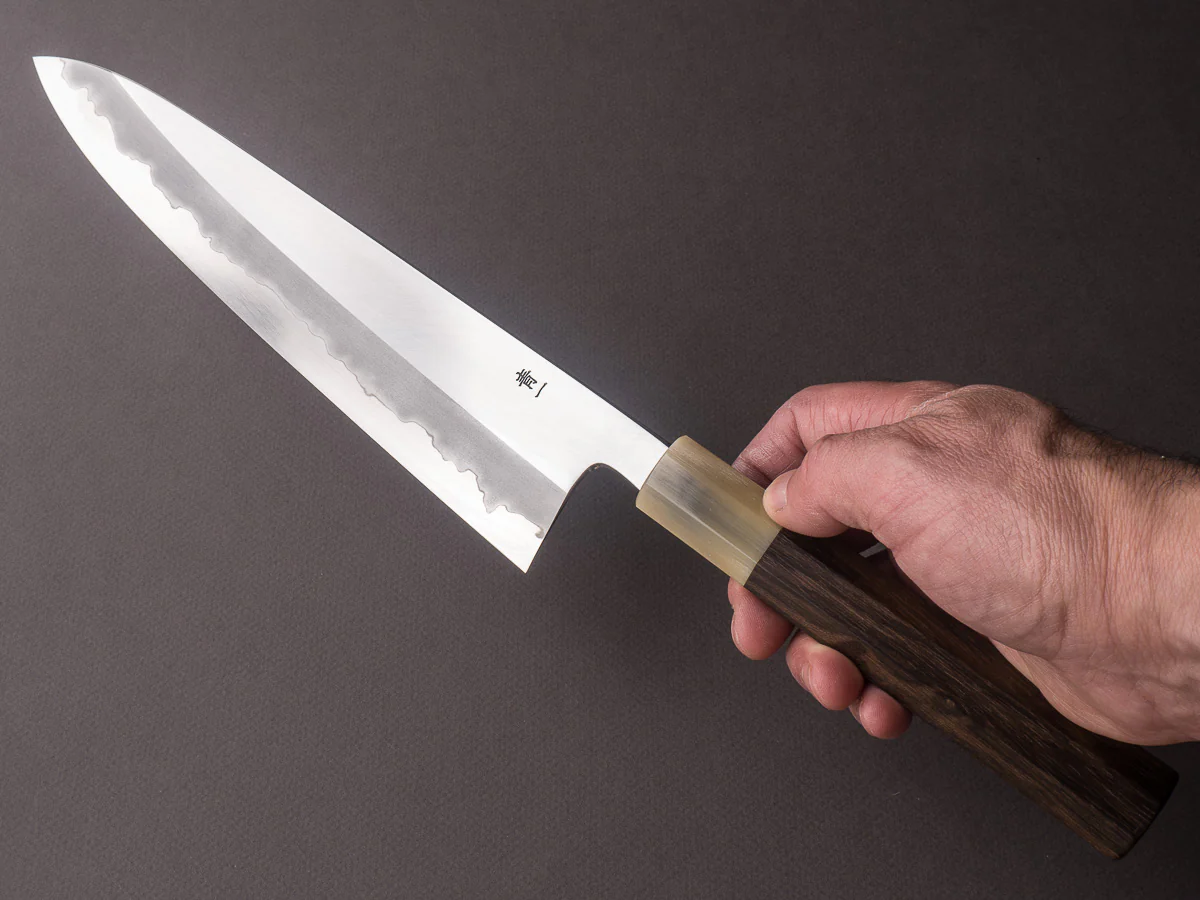 Hitohira - Tanaka x Kyuzo -  Blue #1 - Stainless Clad - 240mm Gyuto - Ziricote Handle - Image 6