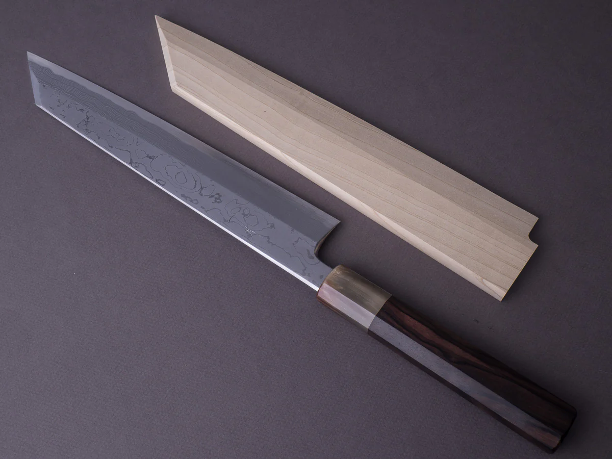 Hitohira - Tanaka x Mosuke - Blue #1 Damascus - 270mm Kiritsuke - Ziricote Handle - Image 11