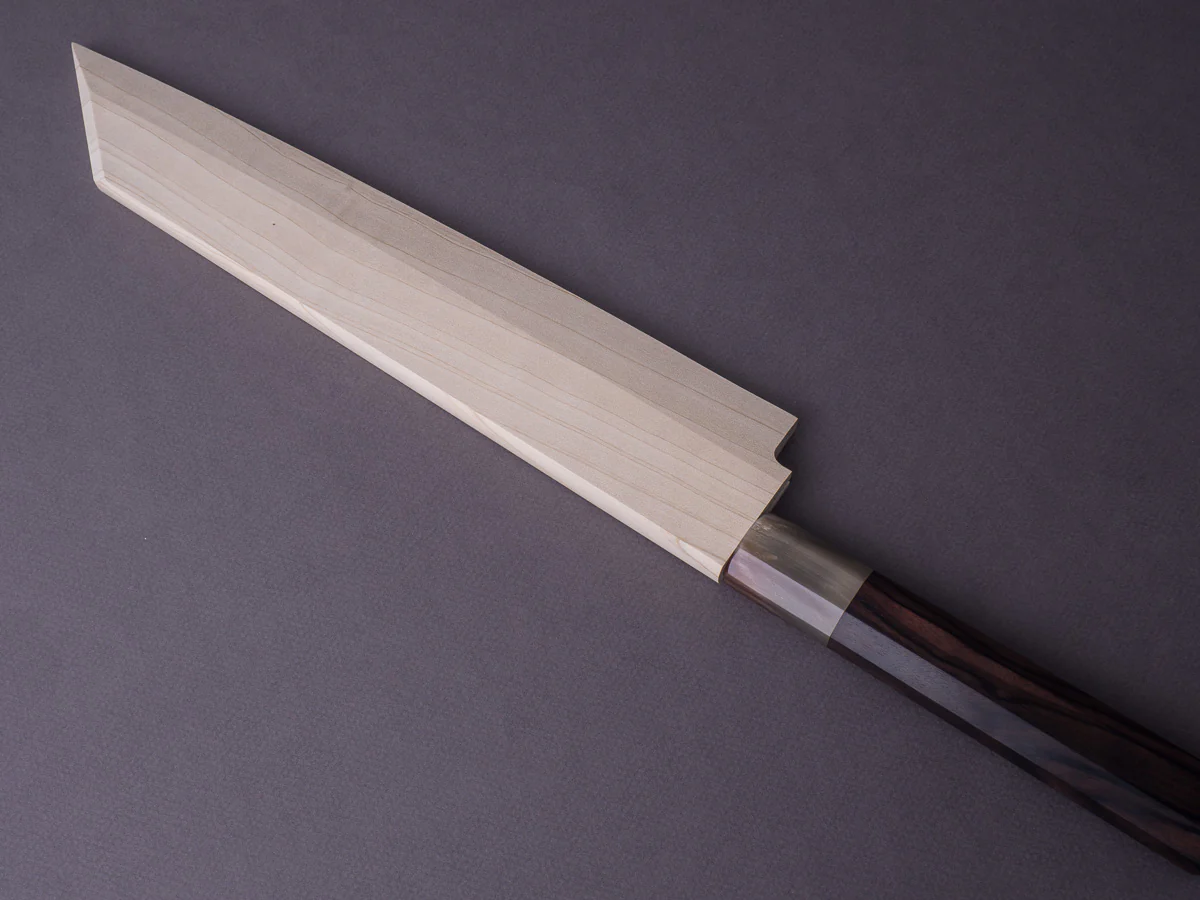 Hitohira - Tanaka x Mosuke - Blue #1 Damascus - 270mm Kiritsuke - Ziricote Handle - Image 12