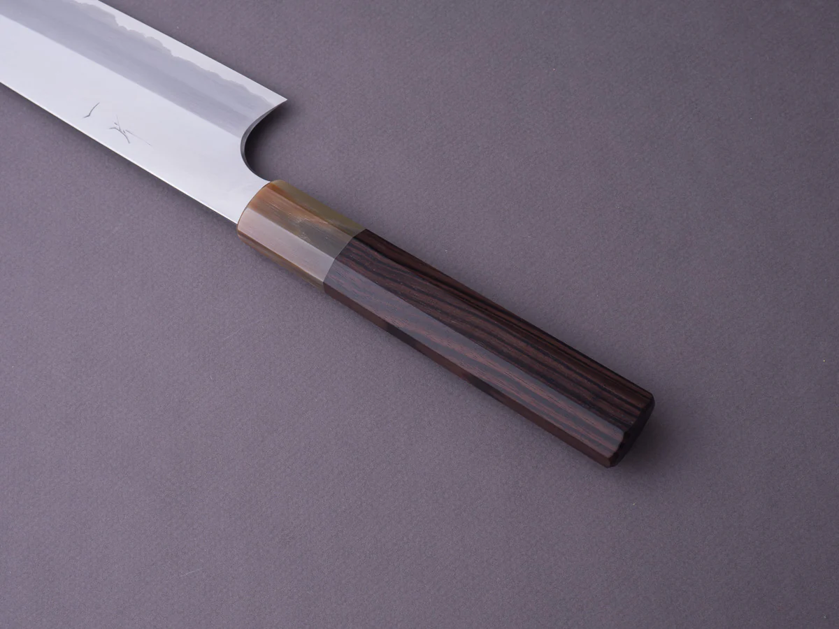Hitohira - Togashi - Blue #1 Stainless Clad - 240mm Gyuto - Tahei Makassar Ebony Handle - Image 8