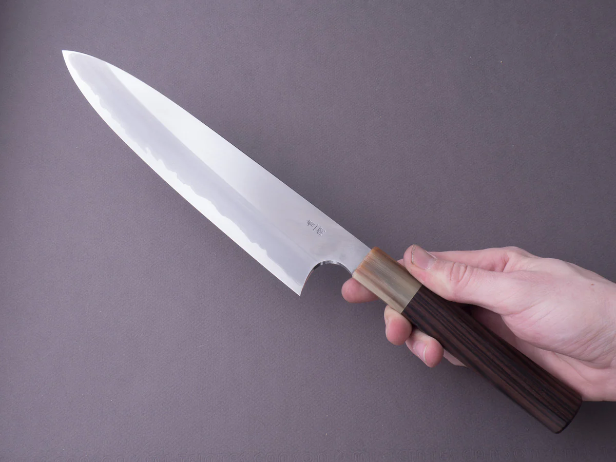 Hitohira - Togashi - Blue #1 Stainless Clad - 240mm Gyuto - Tahei Makassar Ebony Handle - Image 9