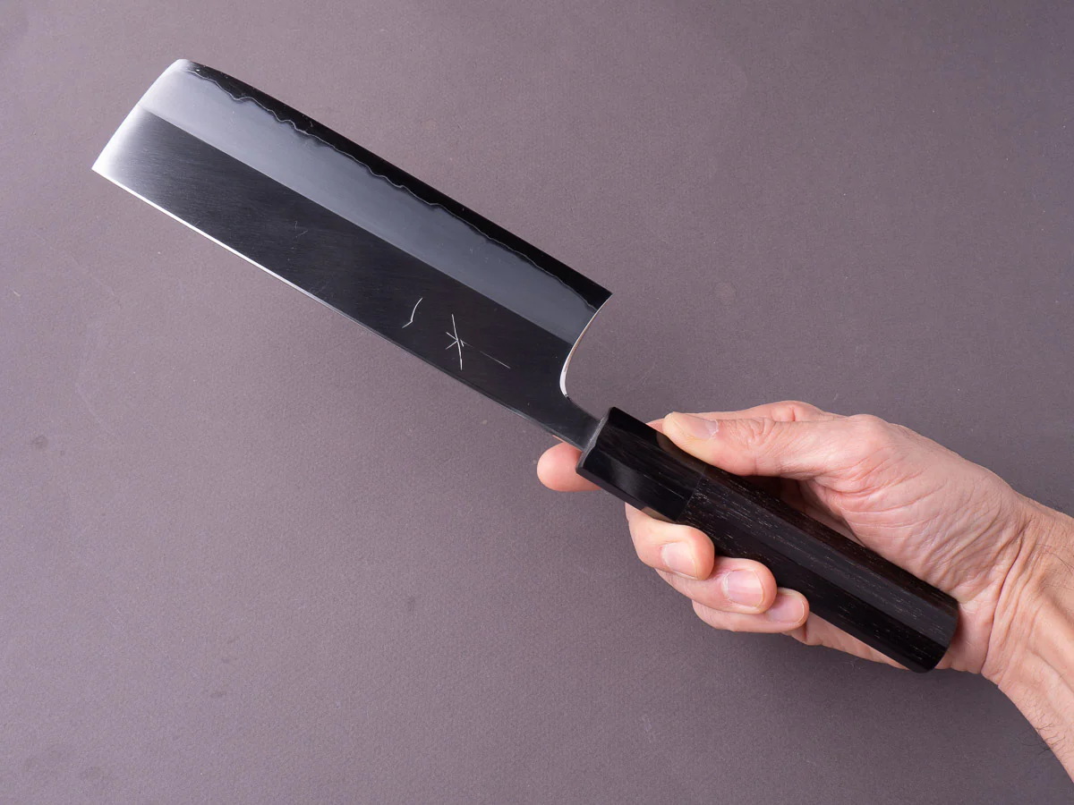 Hitohira - Togashi - Blue #1 Stainless Clad - Migaki - 180mm Nakiri - Taihei Ebony Handle - Image 2