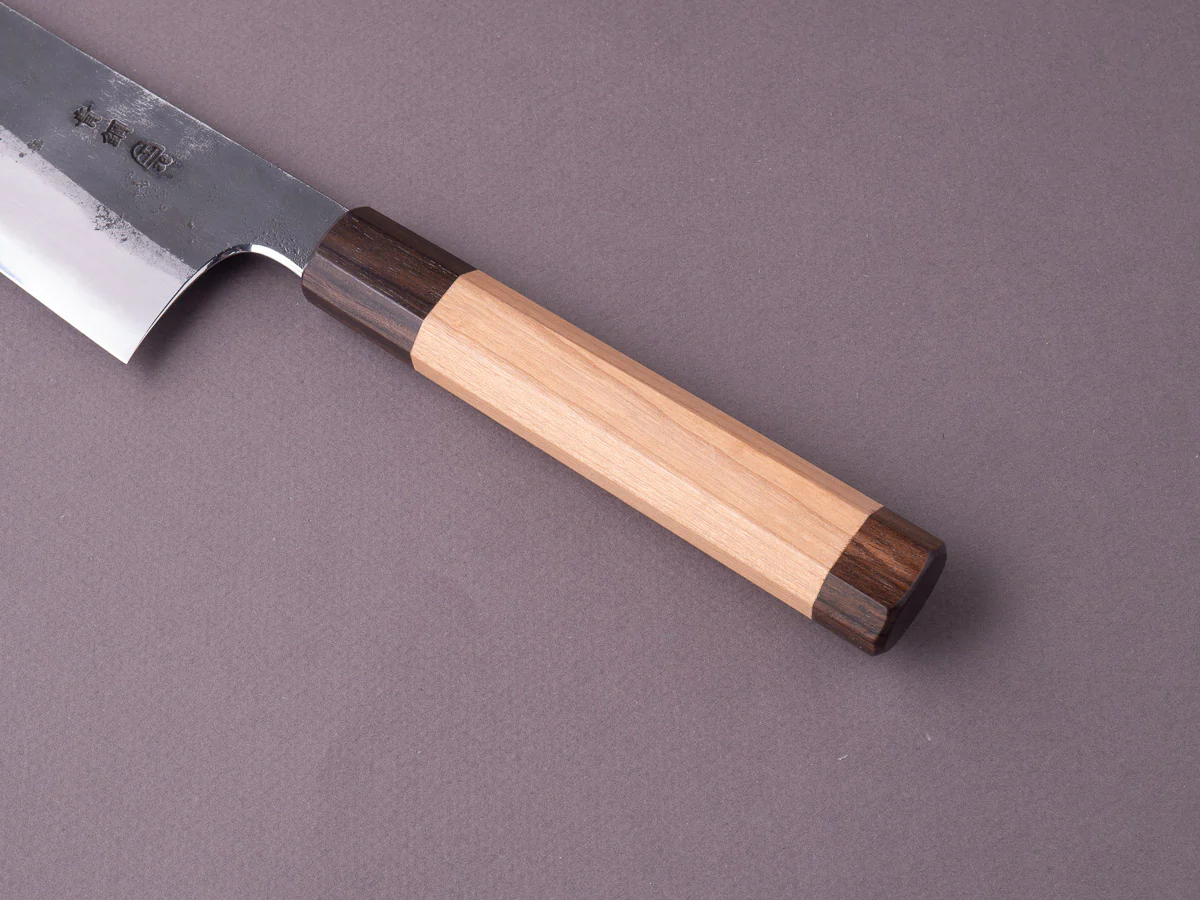 Hitohira - Togashi - Blue #2 - Kurouchi - 240mm Kiritsuke Gyuto - Cherry & Ebony Handle - Image 5