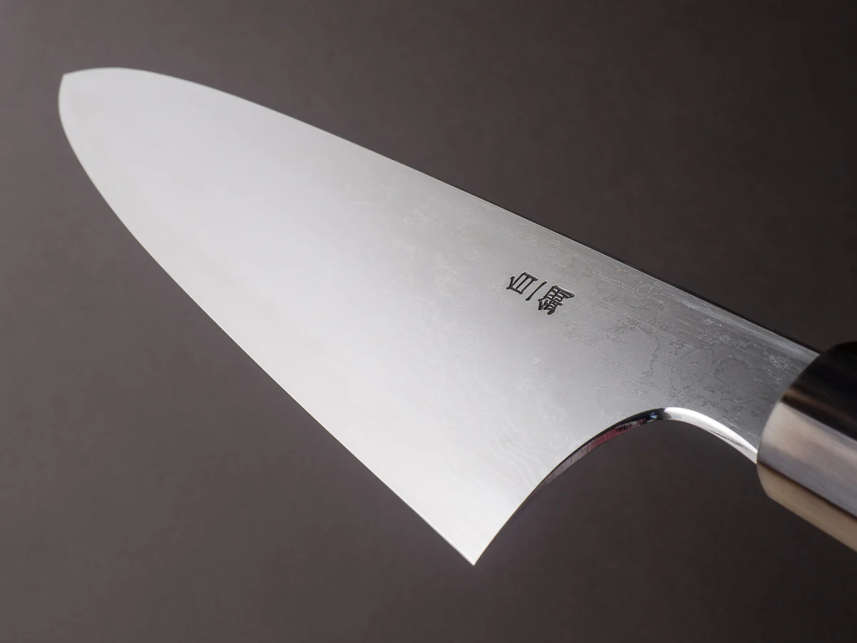 Hitohira - Togashi - White #1 - Damascus - 240mm Gyuto - Ebony Handle - Image 11