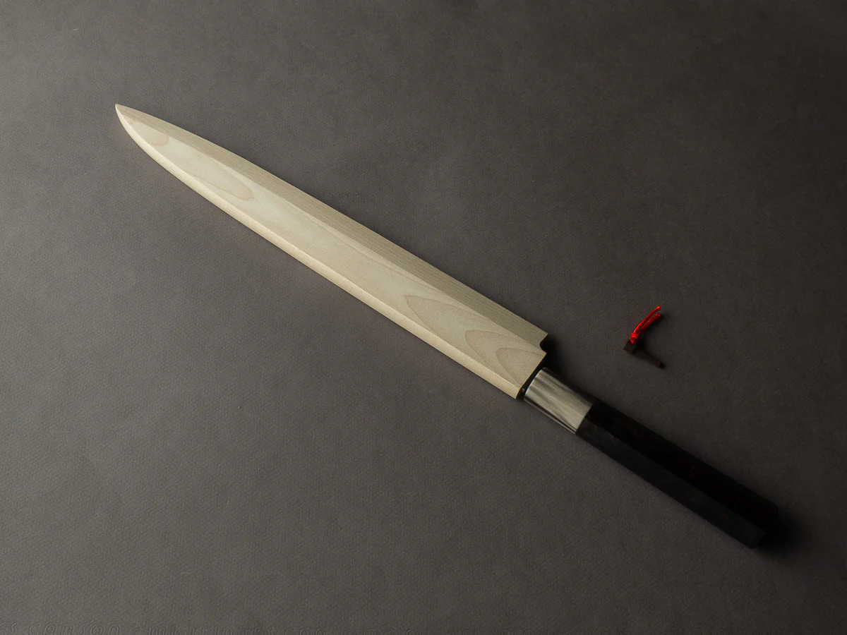 Hitohira - Togashi - White #1 - Damascus - 300mm Yanagiba - Ebony Handle - Image 10