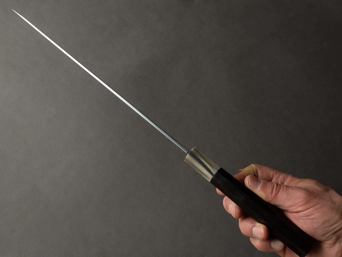 Hitohira - Togashi - White #1 - Damascus - 300mm Yanagiba - Ebony Handle - Image 7