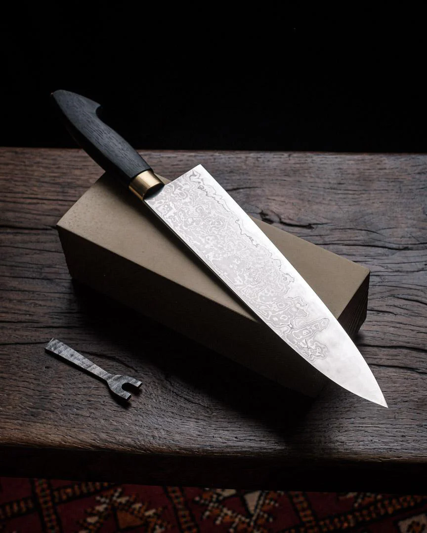 Milan Gravier - Nogent - Damascus x Full Stone Polish - 135Cr3 Carbon - 240mm Gyuto - Detachable Bog Oak Western Handle - Matching Bog Oak Saya - Image 26